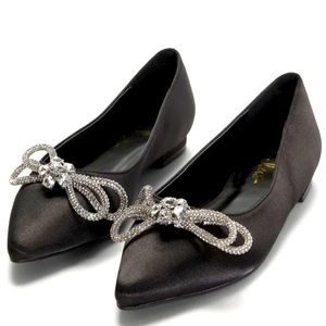 LULUS Bowful Black Satin Rhinestone Pointed-Toe Ballet Flats size 9